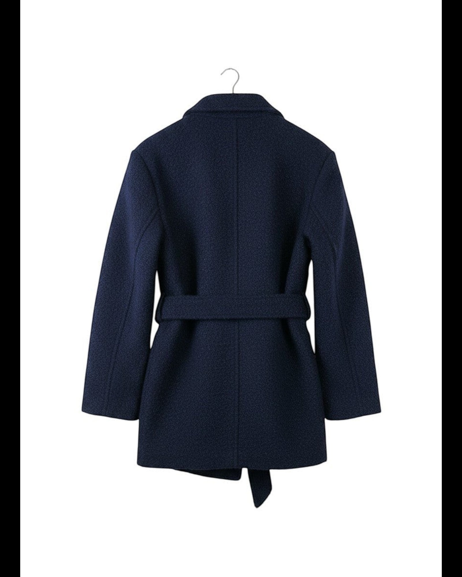 Cappotto Only blu navy in tessuto bouclé, modello avvolgente con cintura in vita e tasche a toppa.