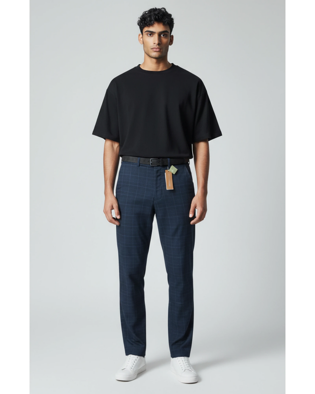 Pantaloni chino blu da uomo Tom Tailor Denim Straight Chino con fantasia principe di Galles, cotone elasticizzato, cintura inclusa.