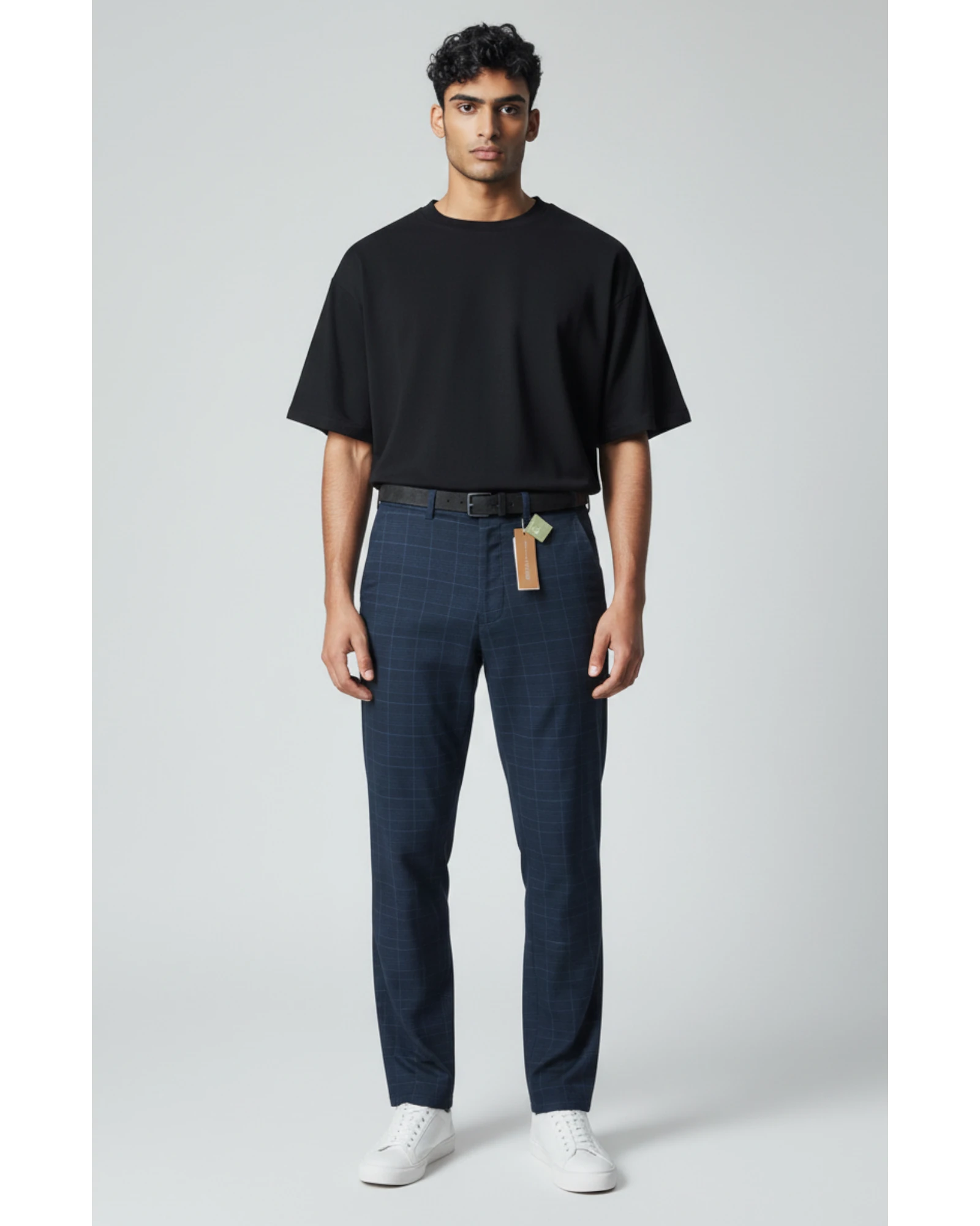 Pantaloni chino blu da uomo Tom Tailor Denim Straight Chino con fantasia principe di Galles, cotone elasticizzato, cintura inclusa.