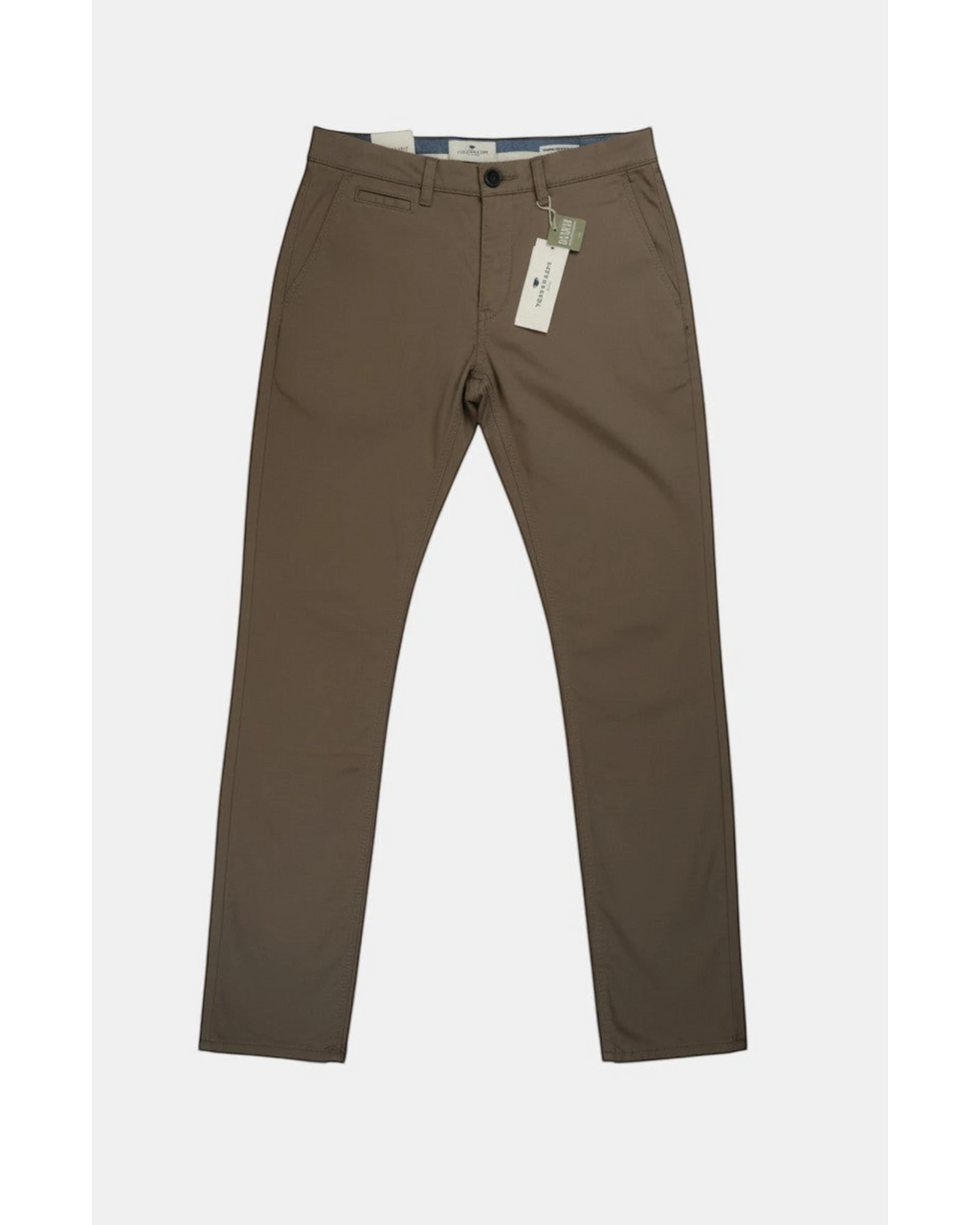 Pantaloni da uomo Tom Tailor Travis Slim beige in cotone organico stretch, vestibilità slim, chiusura con bottone e zip, tasche laterali e posteriori.