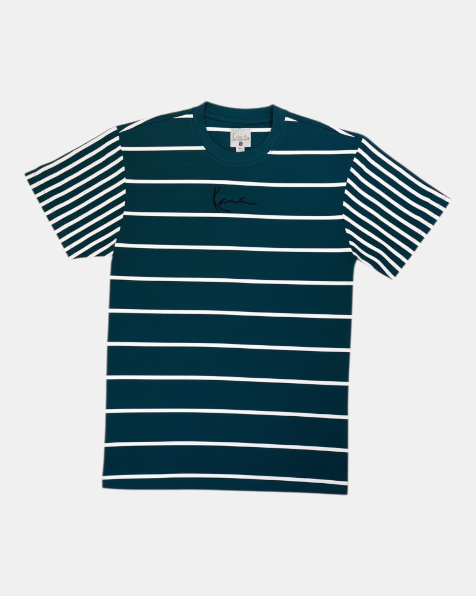 T-shirt a righe verdi e bianche Karl Kani con firma ricamata, maniche a righe sottili