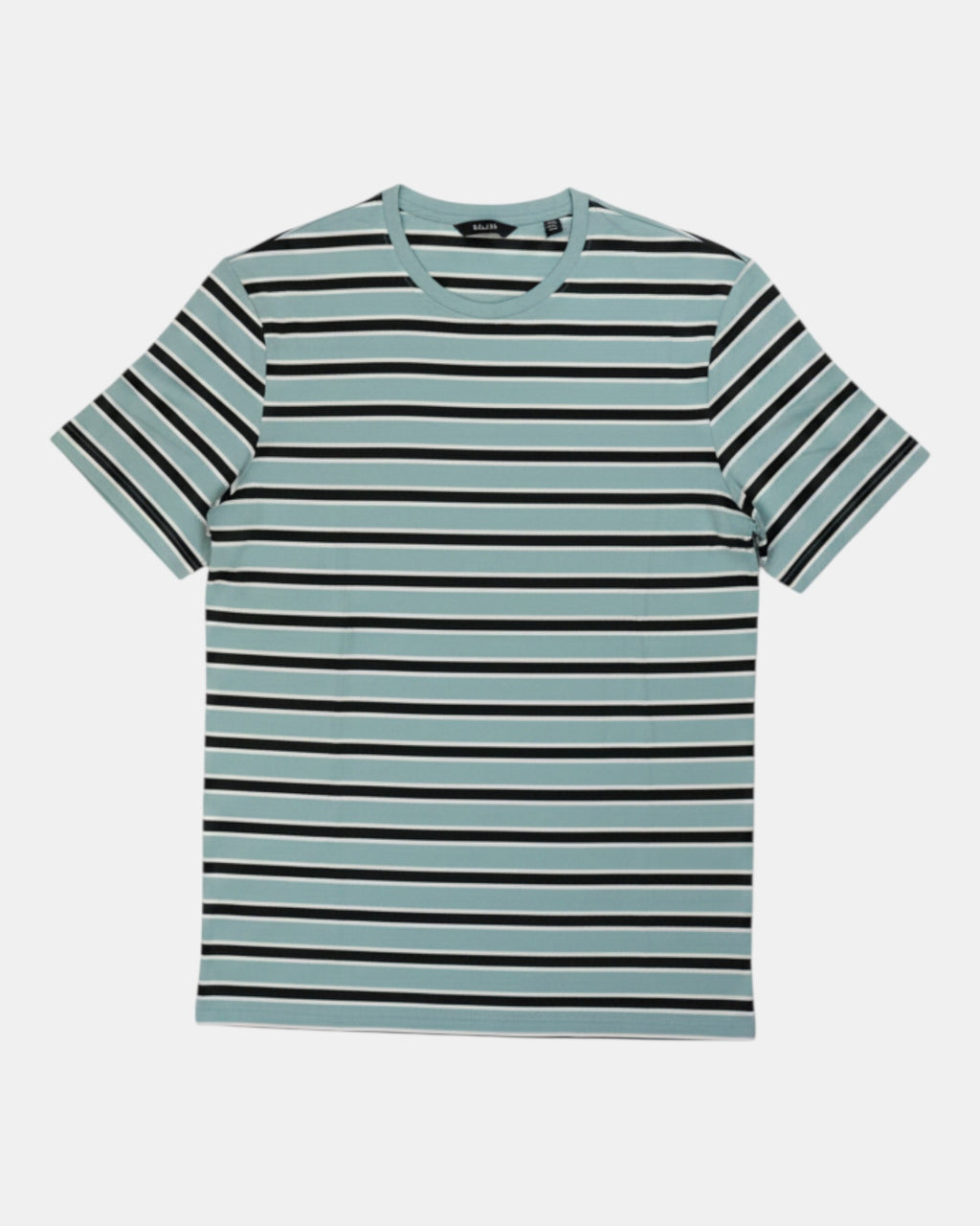 T-shirt a righe orizzontali verde acqua, nero e bianco in cotone BCI certificato, taglio regular fit, girocollo, maniche corte. ULTIMATAGLIA.COM