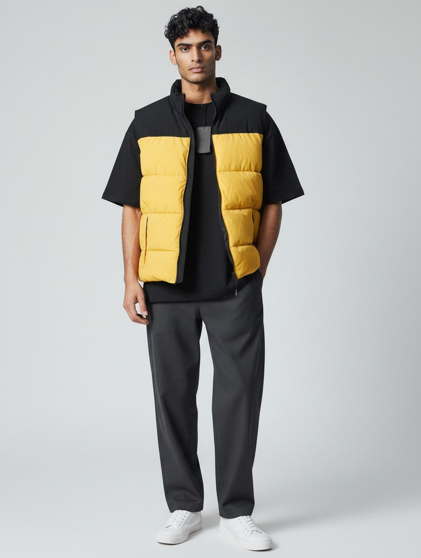 ULTIMATAGLIA.COM Gilet imbottito bicolore giallo e nero con zip frontale e tasche laterali