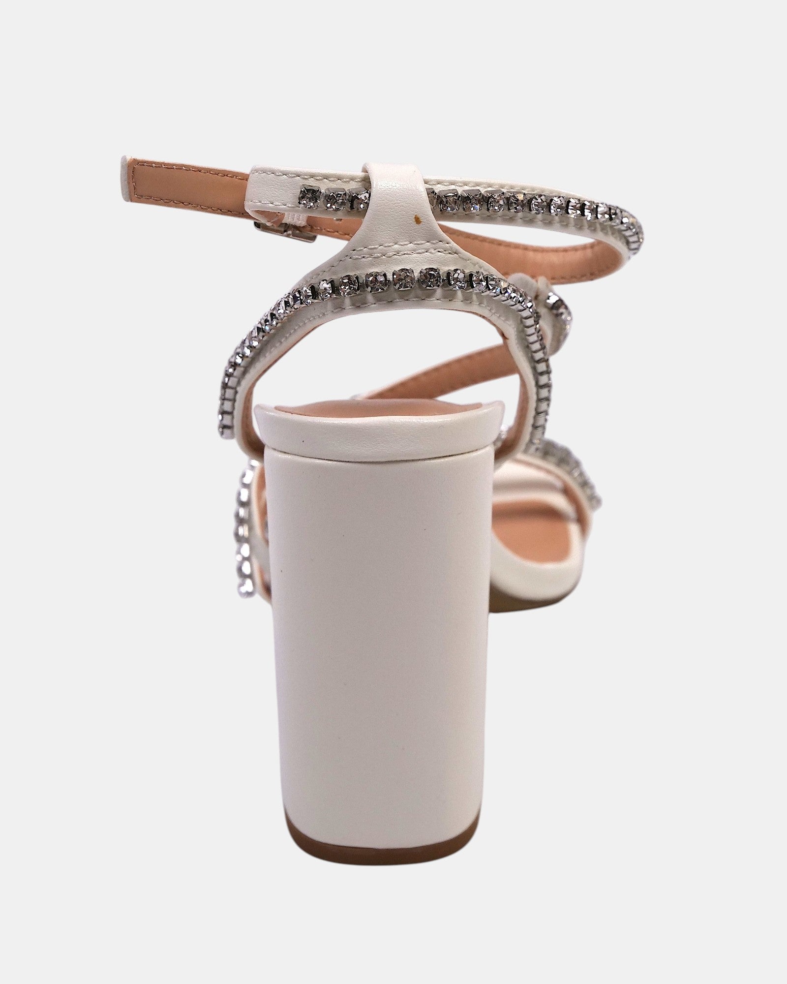 ULTIMATAGLIA.COM off-white heeled sandals with rhinestone straps and ankle strap.