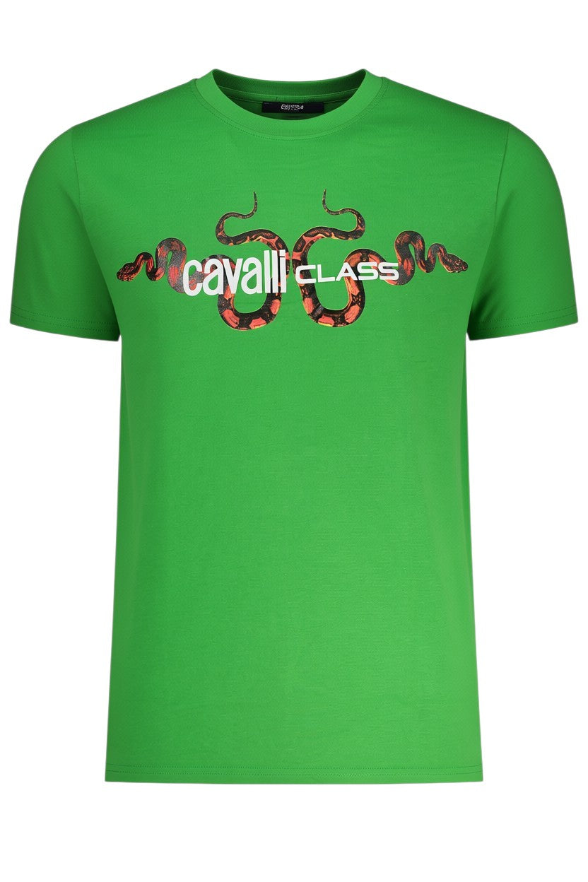 T-shirt verde a girocollo ULTIMATAGLIA.COM con stampa grafica di serpenti e logo Cavalli Class sul petto
