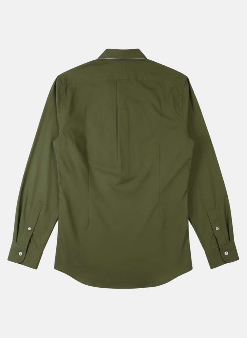 Camicia da uomo Polo Ralph Lauren Classics Stretch Poplin verde militare in cotone stretch. Collo button-down, logo pony ricamato blu.