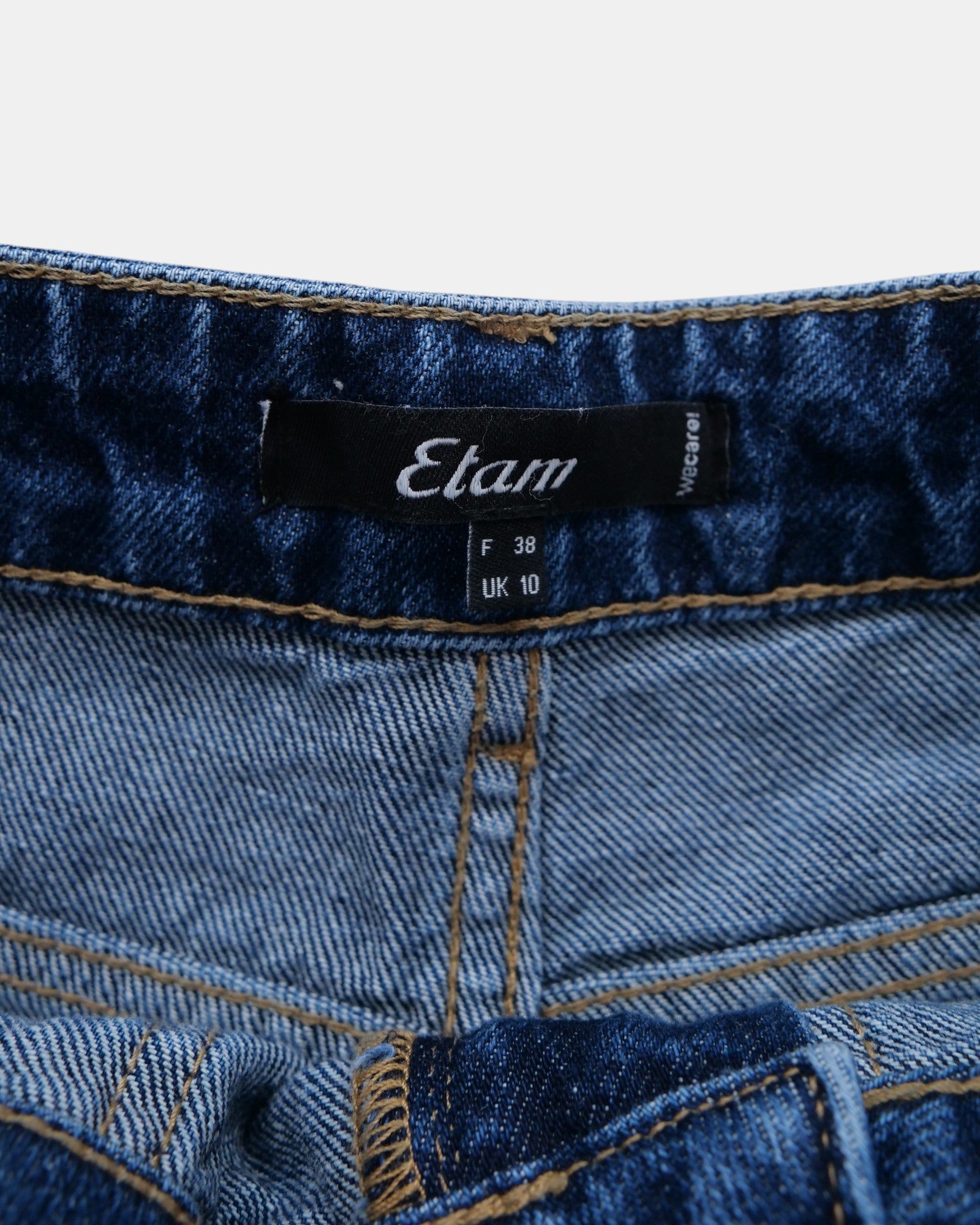 Jeans Etam DIGNE blu in denim elasticizzato, vita alta, gamba affusolata, lavaggio medio, cuciture rinforzate, taglia UK 10.