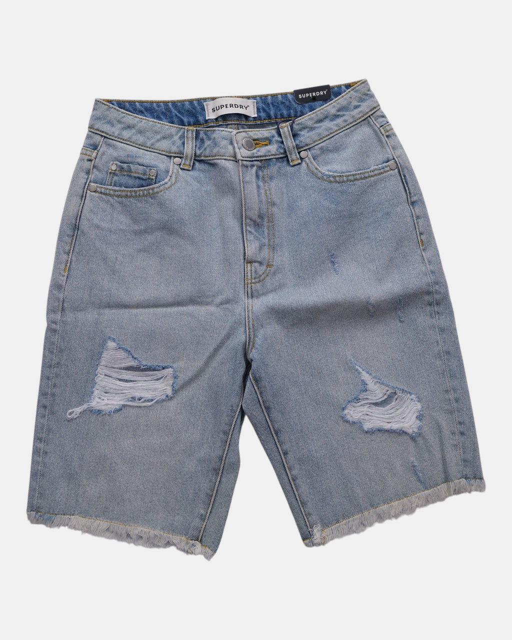 Shorts Superdry Bermuda Boy Shorts in light blue denim with stone-wash, distressed details, and frayed hem.