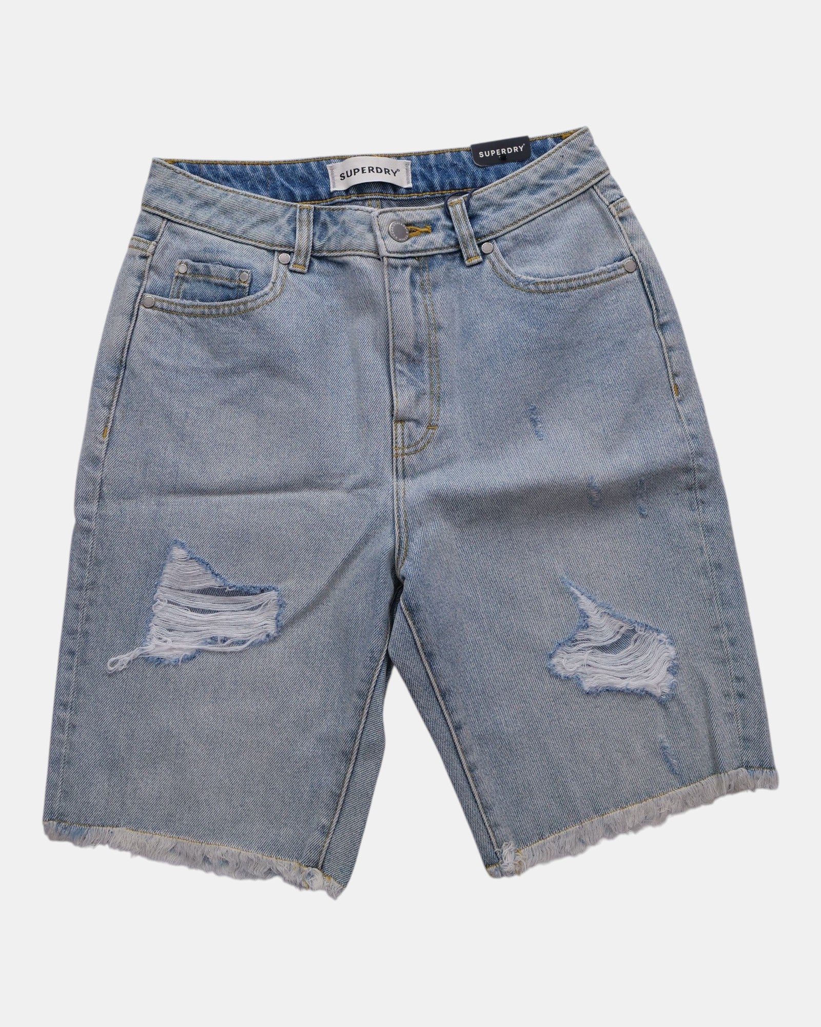 Shorts Superdry Bermuda Boy Shorts in light blue denim with stone-wash, distressed details, and frayed hem.