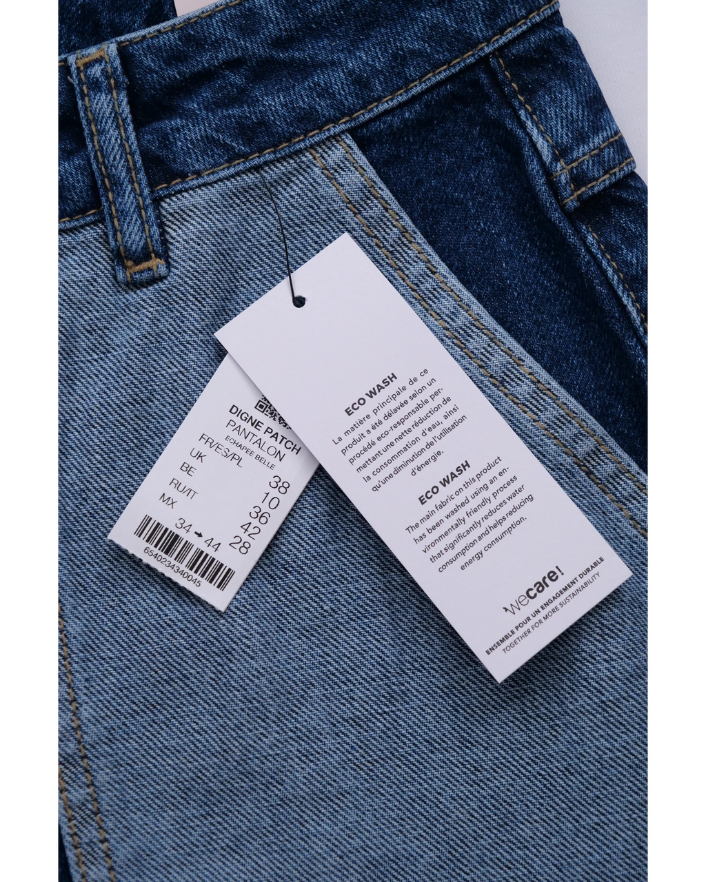 ULTIMATAGLIA.COM jeans Etam DIGNE patchwork in denim blu e azzurro, vita alta, gamba affusolata, lavaggio medio, cuciture rinforzate.
