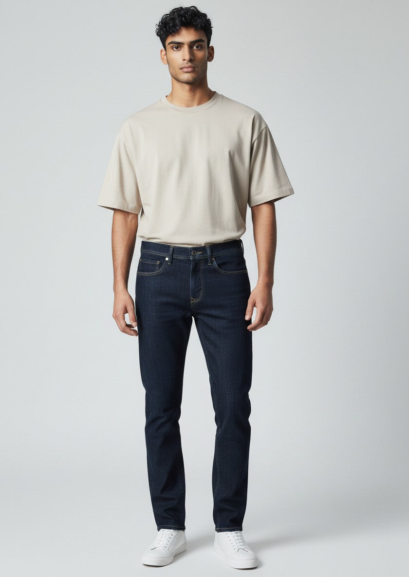 Jeans da uomo Salsa S-Repel Tapered Fit in denim blu scuro con tecnologia idrorepellente e cuciture dorate.