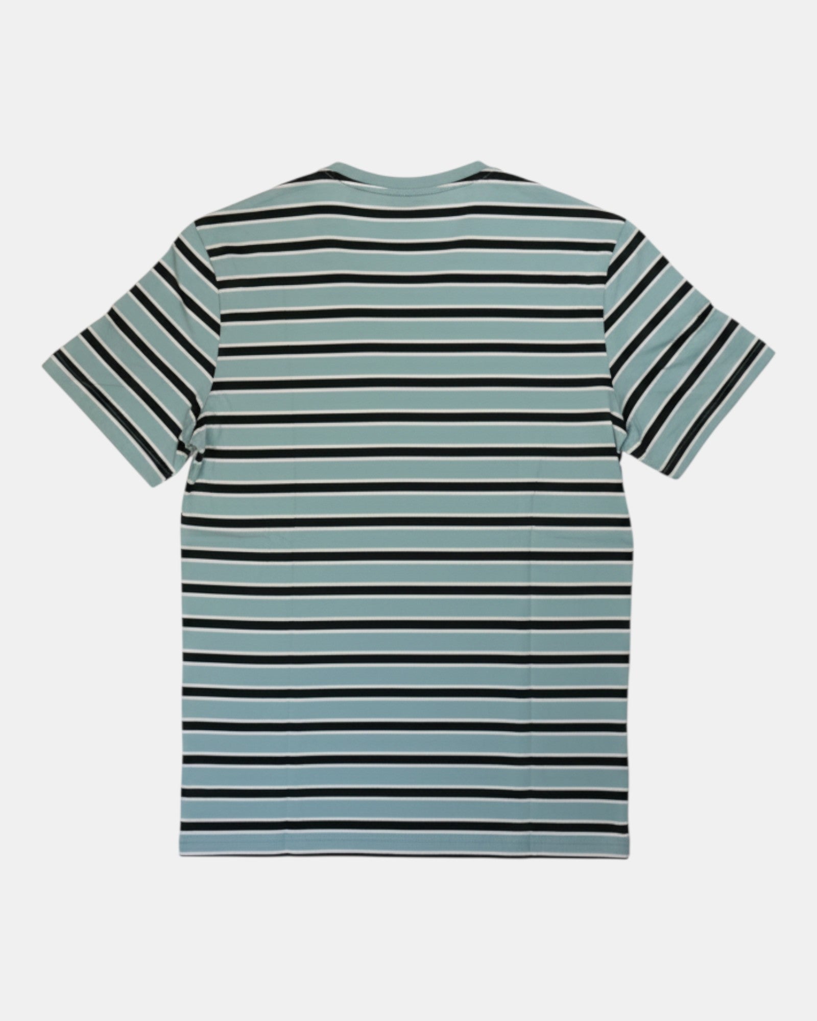 ULTIMATAGLIA.COM T-shirt a righe verdi acqua, nere e bianche in cotone BCI, taglio regular fit, girocollo, maniche corte.