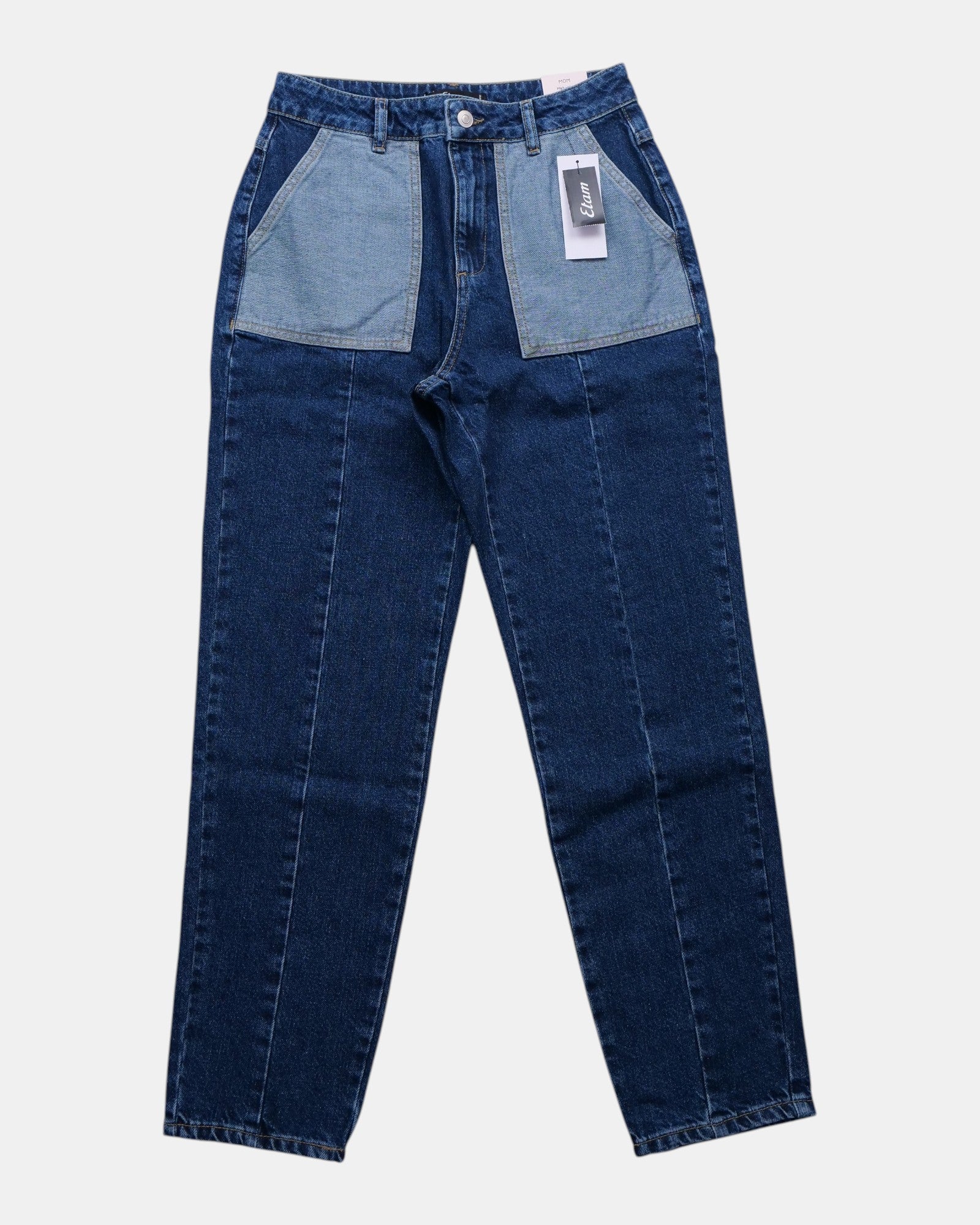 Jeans Etam DIGNE blu in denim elasticizzato a vita alta con gamba affusolata e tasche a contrasto. Lavaggio medio.