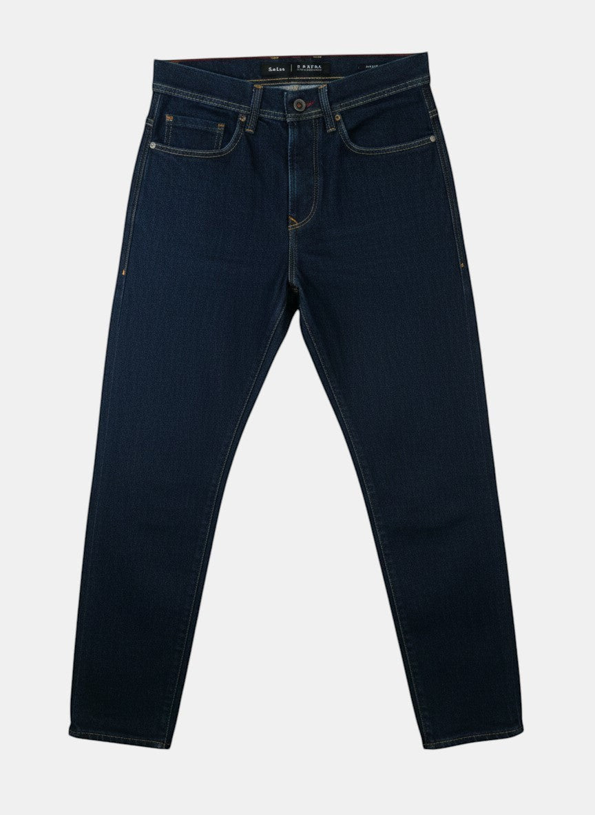 ULTIMATAGLIA.COM - Jeans Salsa S-Repel Tapered Fit blu scuro in denim con tecnologia idrorepellente e cuciture dorate.