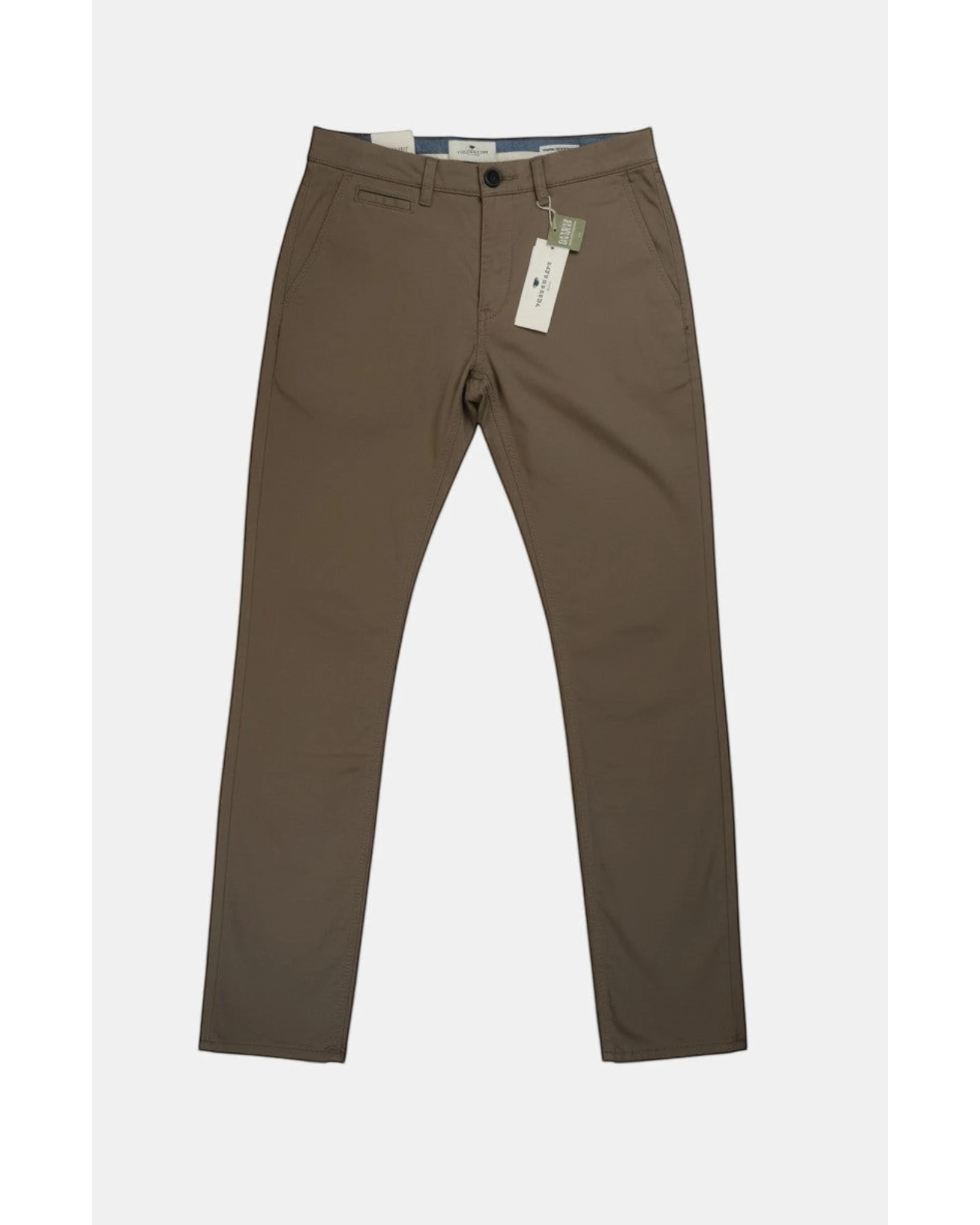 Pantaloni da uomo Tom Tailor Travis Slim beige in cotone organico stretch, vestibilità slim, chiusura con bottone e zip, tasche laterali e posteriori.
