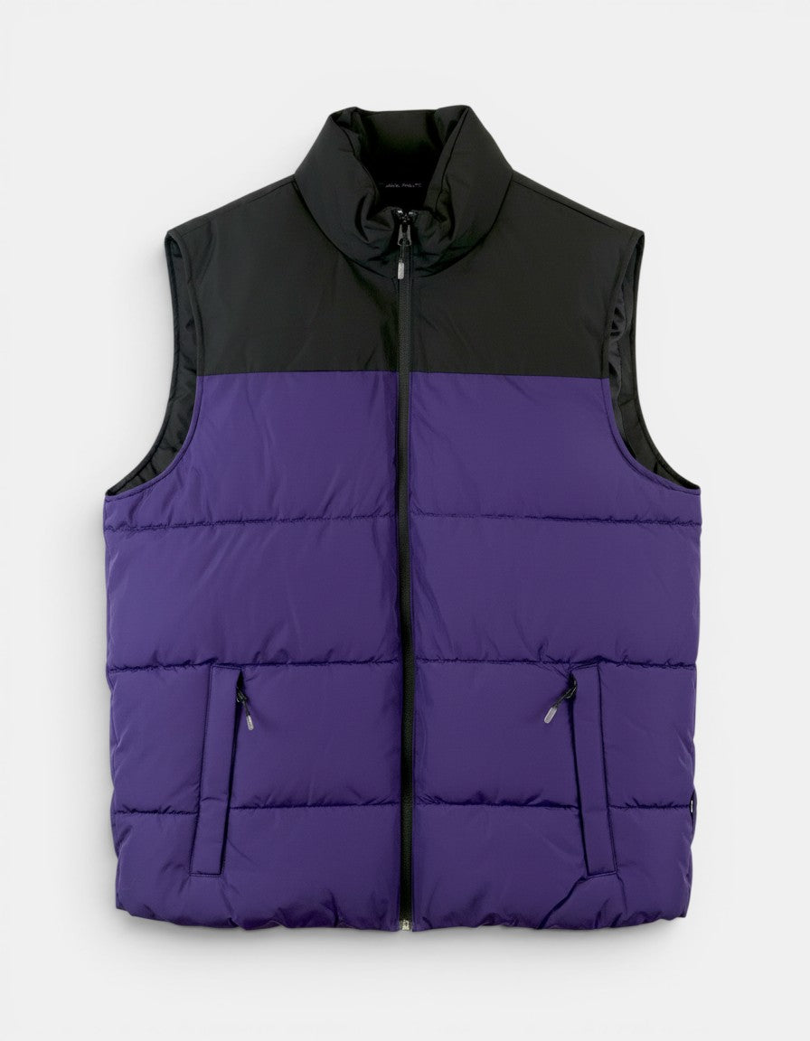 ULTIMATAGLIA.COM Gilet imbottito bicolore nero e viola con zip frontale e tasche con zip.