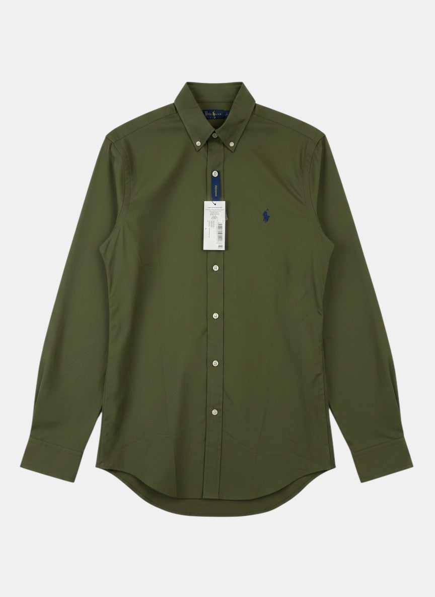 Camicia da uomo Polo Ralph Lauren verde militare in cotone stretch, con logo pony blu ricamato sul petto e colletto button-down.