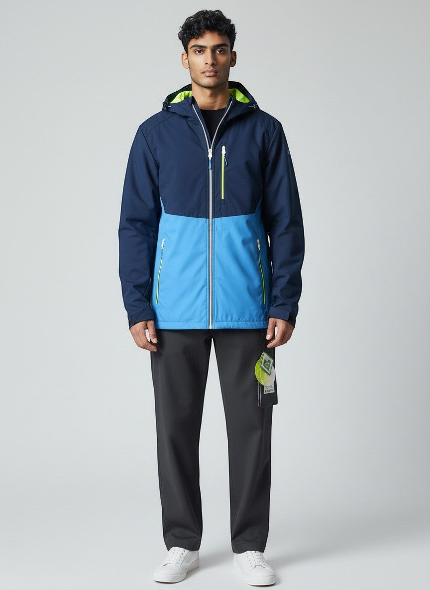 Giacca softshell uomo ULTIMATAGLIA.COM blu navy e azzurro, fodera giallo fluo, cappuccio, zip, tasche. Water-resistant, windproof.