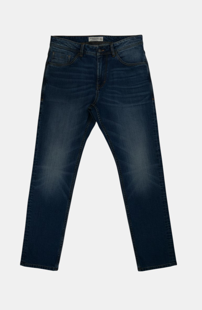 Jeans Tom Tailor Josh Regular Slim blu medio in denim con cuciture a contrasto arancio e cinque tasche. Vestibilità regular slim.