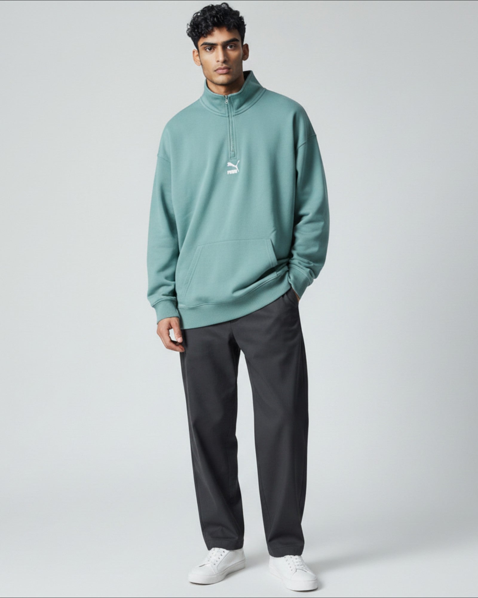 Felpa ULTIMATAGLIA.COM Puma verde acqua con zip corta e tasca a marsupio