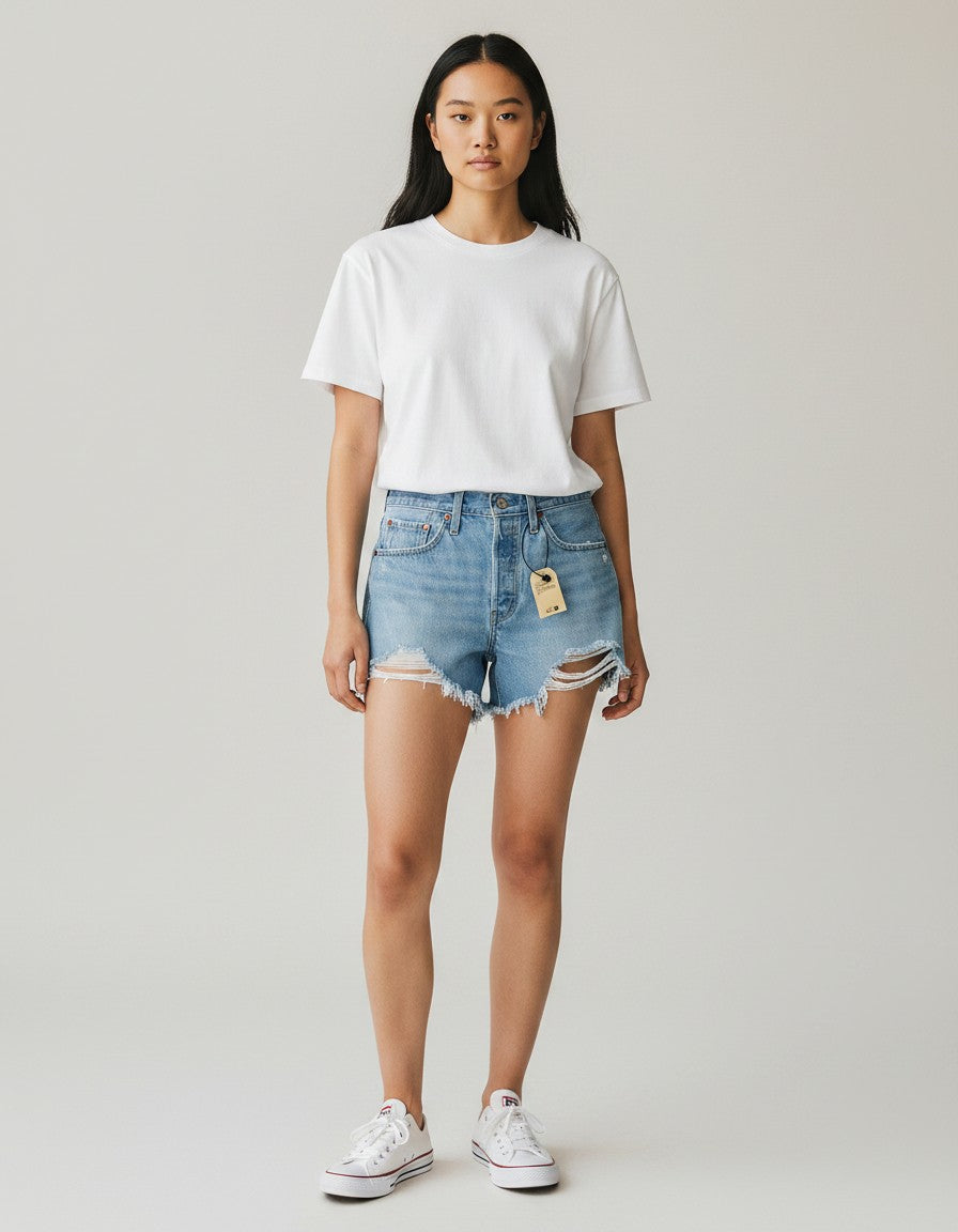Shorts Levi's® 501 in denim lavaggio chiaro con vita alta, orlo sfrangiato e abrasioni. Vestibilità fitted.