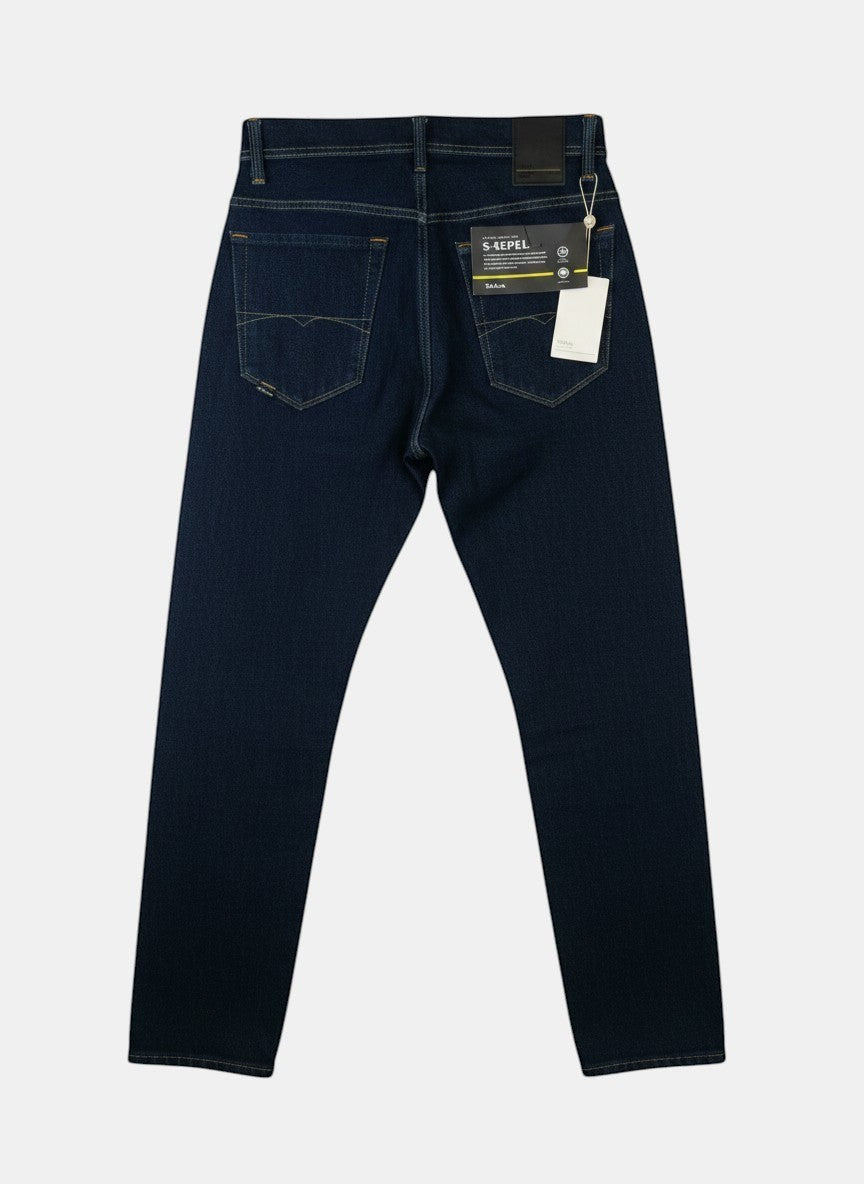 ULTIMATAGLIA.COM - Jeans Salsa S-Repel Tapered Fit blu scuro in denim con tecnologia idrorepellente e cuciture dorate.