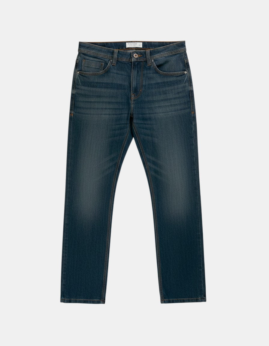 Jeans Tom Tailor Marvin Straight in denim stretch blu scuro con sfumature vintage, taglio regular rise e gamba dritta.