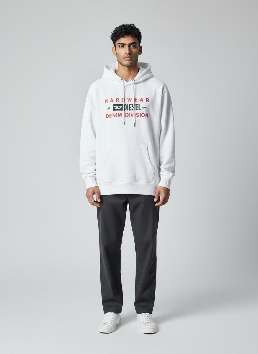 Felpa bianca in cotone Diesel Hardwear Denim Division da uomo con stampa frontale rossa e nera, cappuccio e tasca marsupiale.
