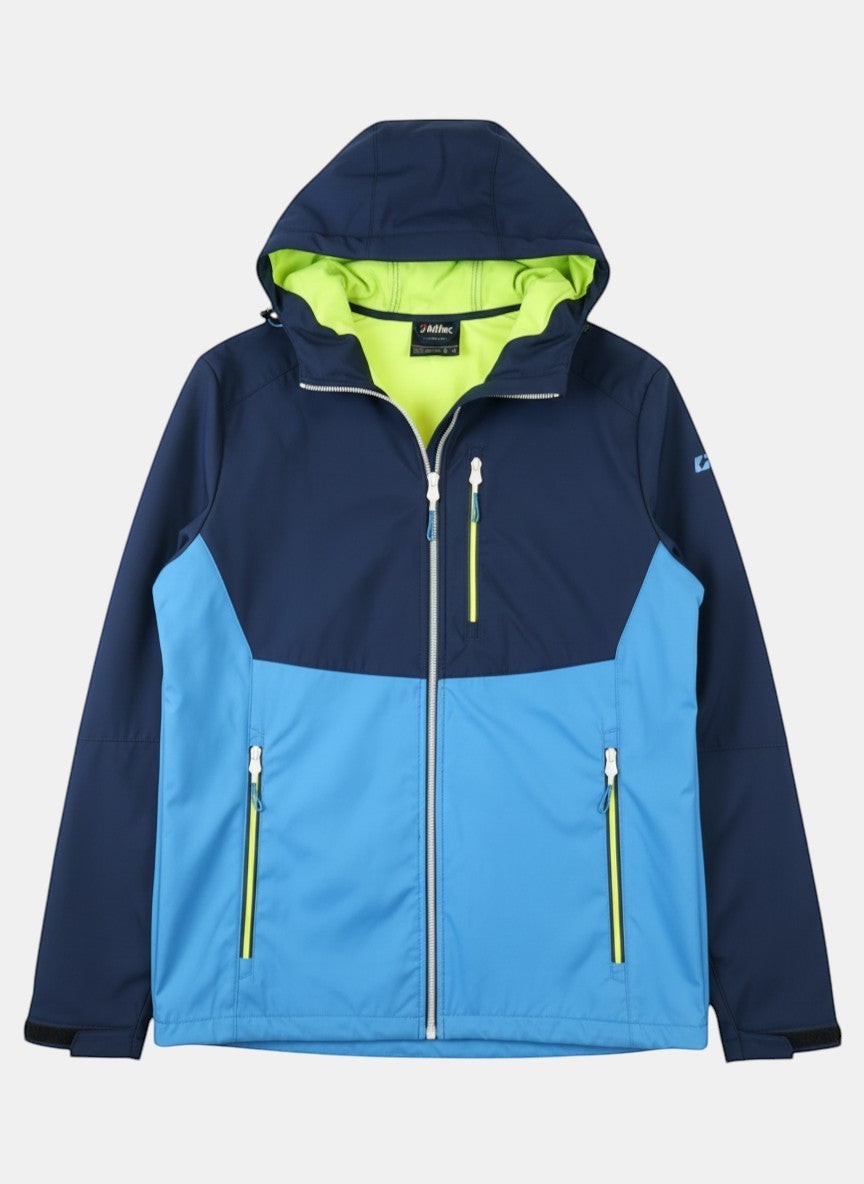 Giacca softshell bicolor da uomo ULTIMATAGLIA.COM blu navy e azzurro, fodera giallo fluo, cappuccio, zip frontale e tasche.