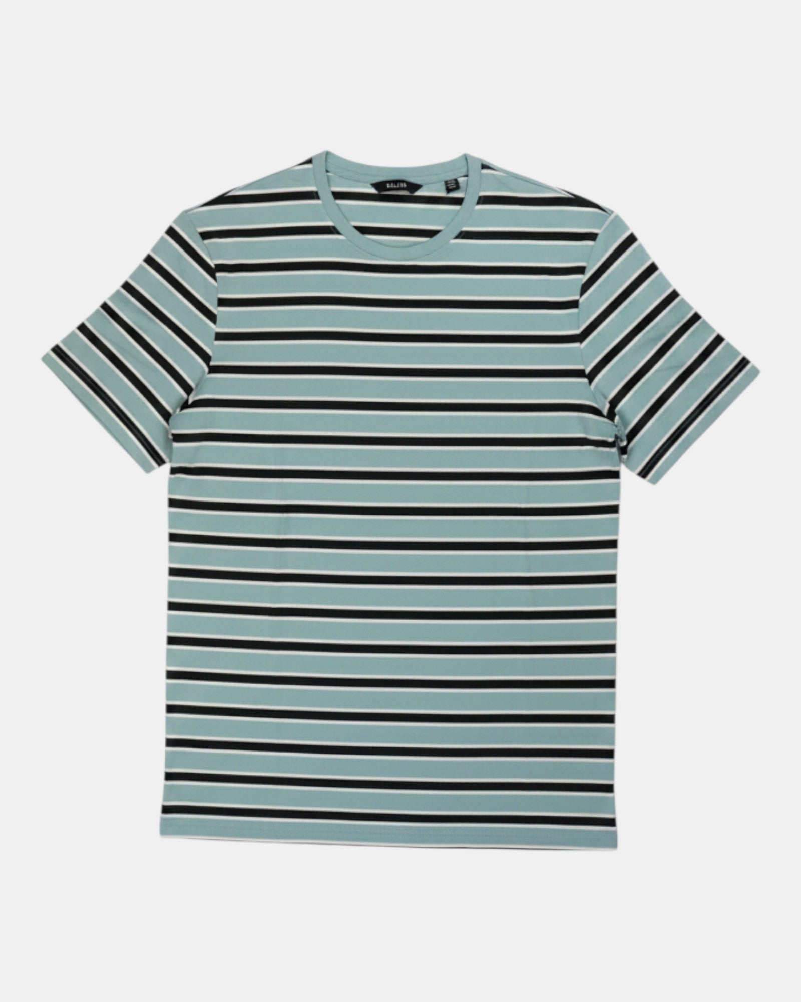 T-shirt a righe orizzontali verde acqua, nero e bianco in cotone BCI certificato, taglio regular fit, girocollo, maniche corte. ULTIMATAGLIA.COM