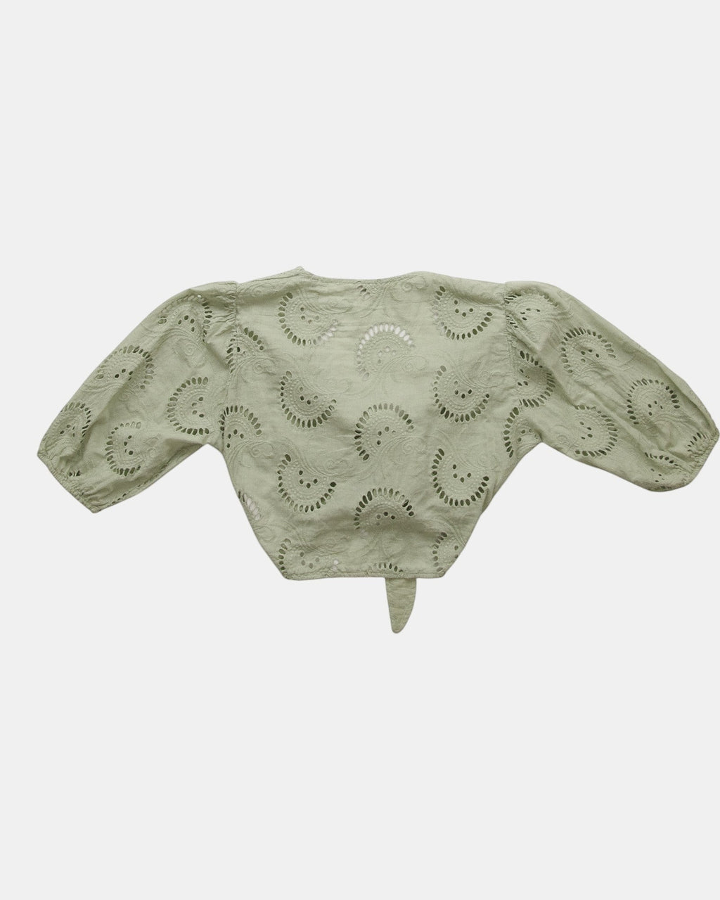 ULTIMATAGLIA.COM T-shirt corto verde salvia con ricami floreali, maniche a sbuffo e nodo frontale.