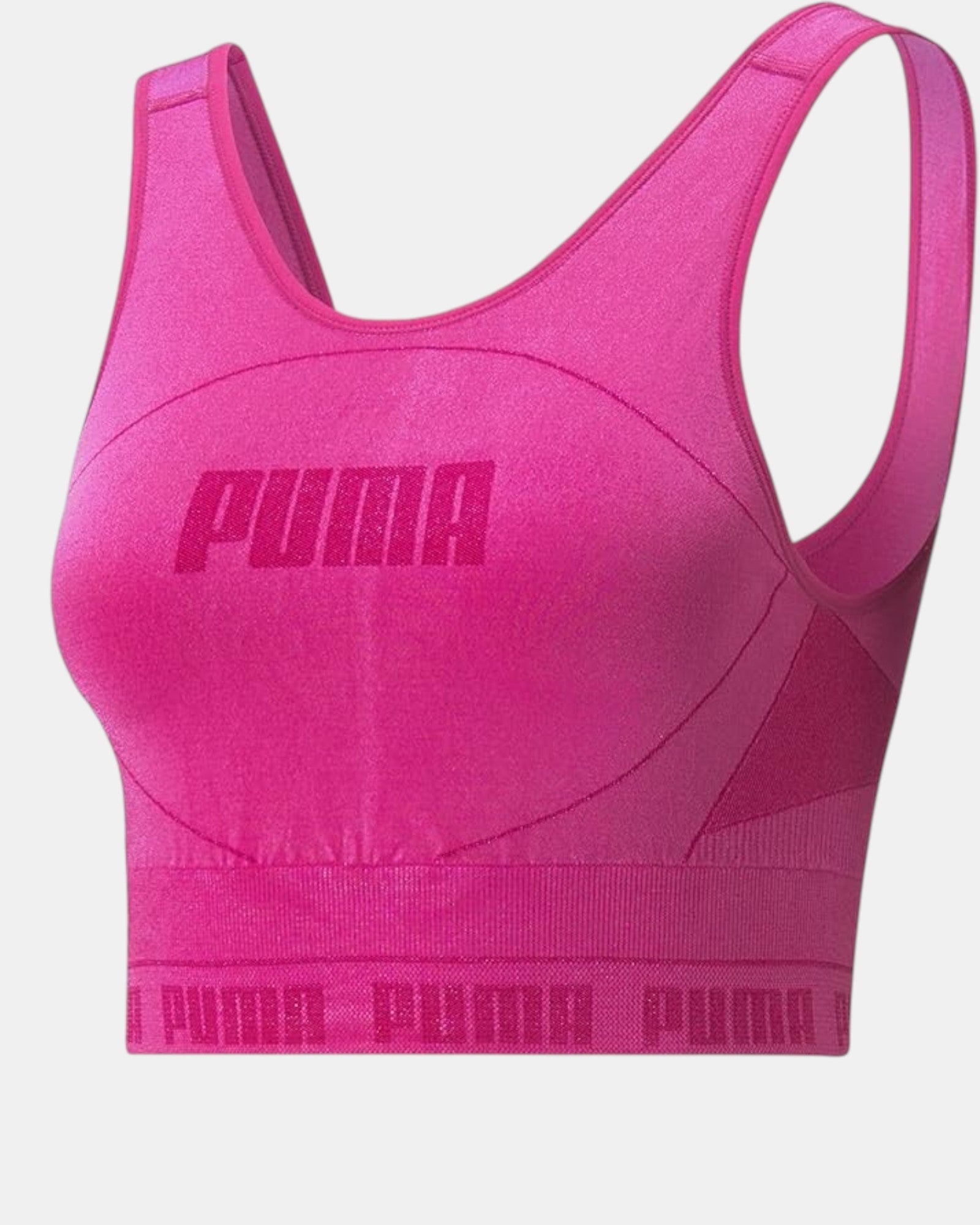 Crop top sportivo fucsia Puma Evoknit in tessuto seamless con logo in rilievo e fascia elastica. Perfetto per yoga e athleisure.