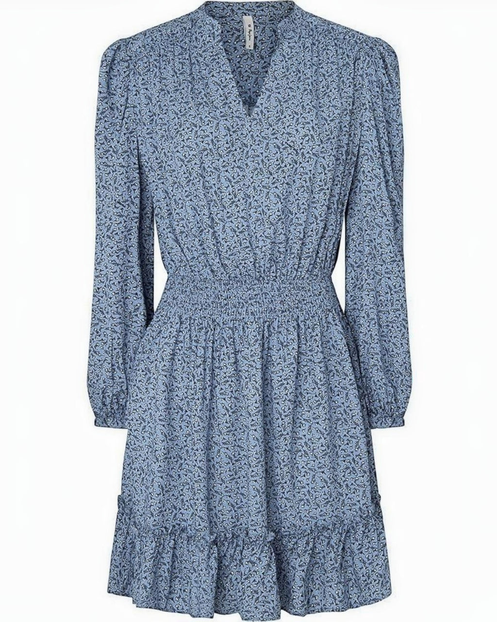 Vestito midi blu a fiori con maniche lunghe e vita elasticizzata Pepe Jeans JARA
